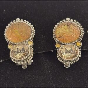 Stephen Dweck Sterling Flower Carved Crystal & Faceted Smokey Quartz EARRINGS